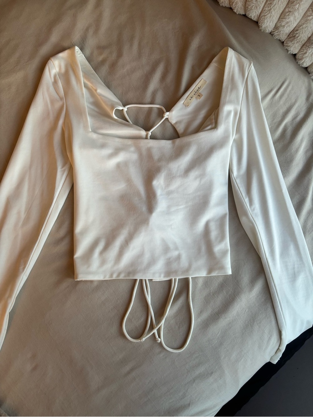 White Long-Sleeve Square Neck Crop Top with adjustable back